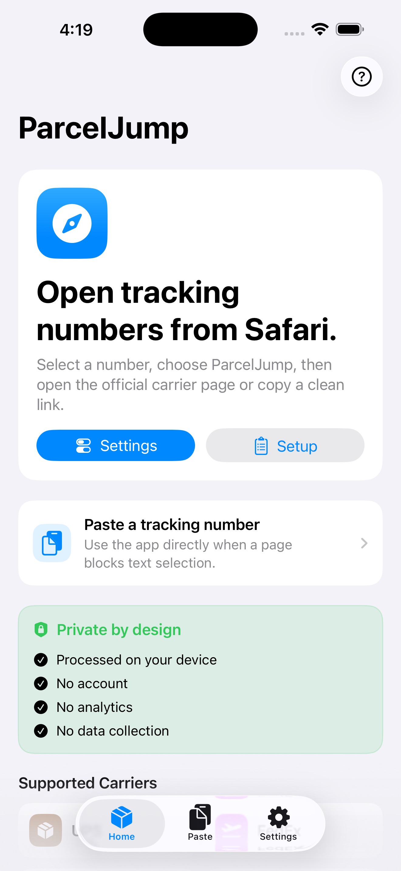 ParcelJump home screen.