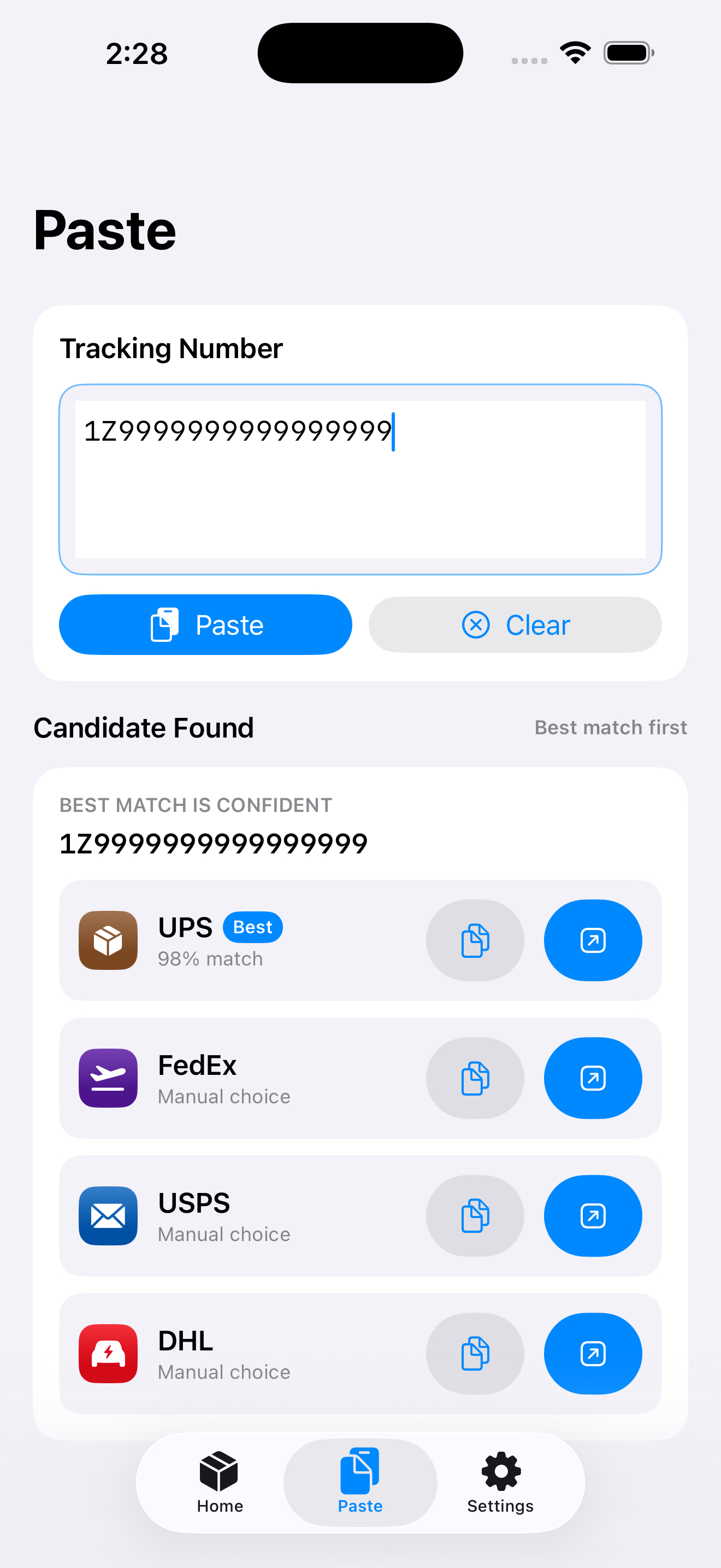 ParcelJump best carrier match screen.
